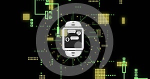 Image of ai data processing over smartwacth and computer circuit board