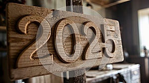new year 2025 number illustration design written on wooden slate photo