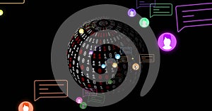 Image of ai icons and digital data processing with binary coding over globe