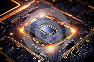 image of an ai processor chip and cpu circuit board - luminescent circuits surround the microchips and connections