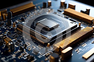 image of an ai processor chip and cpu circuit board - luminescent circuits surround the microchips and connections