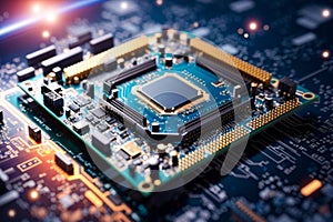 image of an ai processor chip and cpu circuit board - luminescent circuits surround the microchips and connections