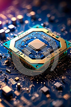 image of an ai processor chip and cpu circuit board - luminescent circuits surround the microchips and connections