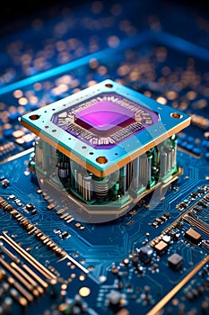 image of an ai processor chip and cpu circuit board - luminescent circuits surround the microchips and connections