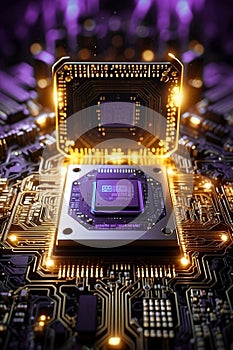 image of an ai processor chip and cpu circuit board - luminescent circuits surround the microchips and connections