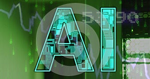 Image of ai text, binary coding and data processing over computer servers