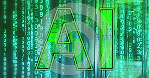 Image of ai text, binary coding and data processing over computer servers