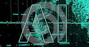 Image of ai text, binary coding and data processing over dark background