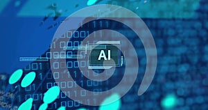 Image of ai text and binary coding data processing over world map