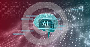 Image of ai text with brain and data processing over binary coding