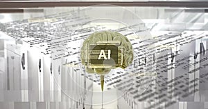 Image of ai text, brain and data processing over computer servers