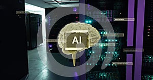 Image of ai text, brain and data processing over computer servers