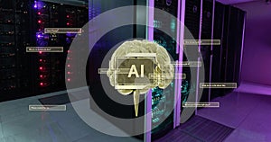 Image of ai text, brain and data processing over computer servers