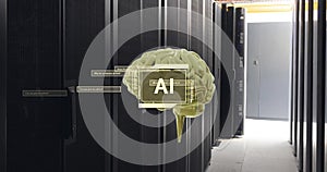 Image of ai text, brain and data processing over computer servers