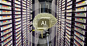 Image of ai text, brain and data processing over computer servers
