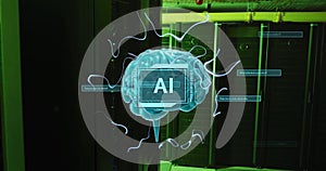 Image of ai text, brain and data processing over computer servers