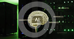 Image of ai text, brain and data processing over computer servers