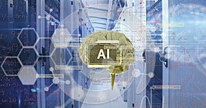 Image of ai text, brain and data processing over computer servers
