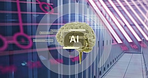 Image of ai text, brain and data processing over computer servers
