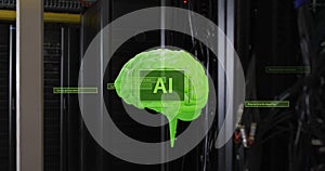 Image of ai text with brain and data processing over computer servers