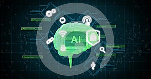 Image of ai text, brain and digital data processing over black background