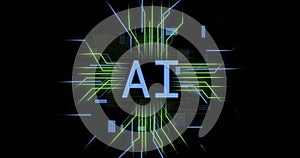 Image of ai text, circuit board with data processing over black background