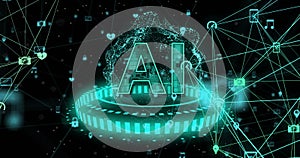 Image of ai text, globe with binary coding and data processing over dark background