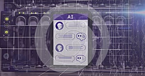 Image of ai text and icon, data processing over computer server