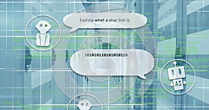 Image of ai text and icon, data processing over computer server