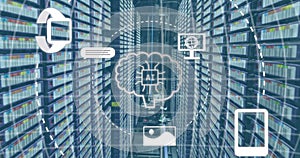 Image of ai text and icon, data processing over computer servers