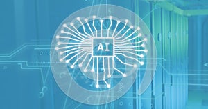 Image of ai text and icon, data processing over computer servers