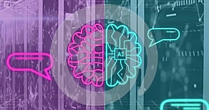 Image of ai text and icon, data processing over computer servers