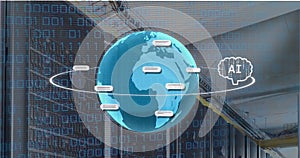 Image of ai text and icon, data processing over globe