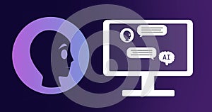 Image of ai text, icons and data processing over purple background