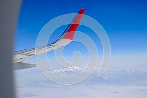 Image through aircraft window onto wing. Top view over Turkey to Erciyes volcano