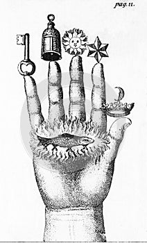 Image from the alchemical hermetic treatise entitled the hand of the philosophers, by j.i hollandus