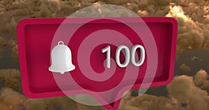 Image of alert icon with numbers on speech bubble over sky and clouds