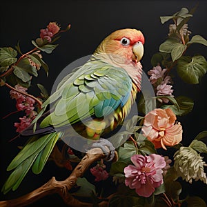 Image of alexandrine parakeet on the branch surrounded by beautiful flowers. Birds, Illustration, Generative AI