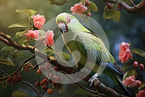 Image of alexandrine parakeet on the branch surrounded by beautiful flowers. Birds, Illustration, Generative AI
