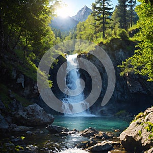Alpine waterfall in mountain forest under blue sky. made with Generative AI