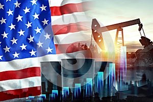 Image of the American flag, oil pump rig and barrels with graphs. The concept of oil production, regulation of mining, the