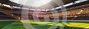 Image of american football arena with yellow goal post, grass field and blurred fans at playground view on sunny day. 3D