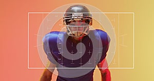 Image of american football pitch over american football player on neon background