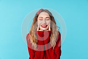 Image of amusing caucasian woman smiling with eyes closed