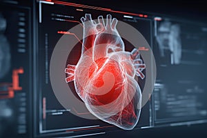 an image of an anatomical human heart with a digital interface overlay,