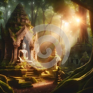 image of an ancient Buddha statue in a magical forest in the hidden temple.