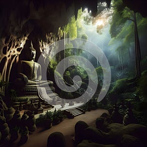 image of an ancient Buddha statue in a magical forest in the hidden temple.