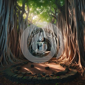 image of an ancient Buddha statue in a magical forest in the hidden temple.