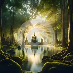 image of an ancient Buddha statue in a magical forest in the hidden temple.