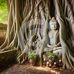 image of an ancient Buddha statue in a magical forest in the hidden temple.